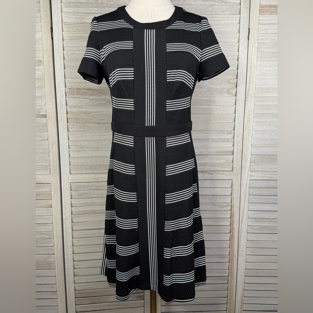 MAGGY LONDON Short Sleeve Fit & Flare Midi Dress Black & White-10P